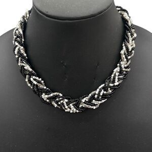 CJ by Cookie Johnson Beaded Collar Necklace Black White Braided Seed Beads